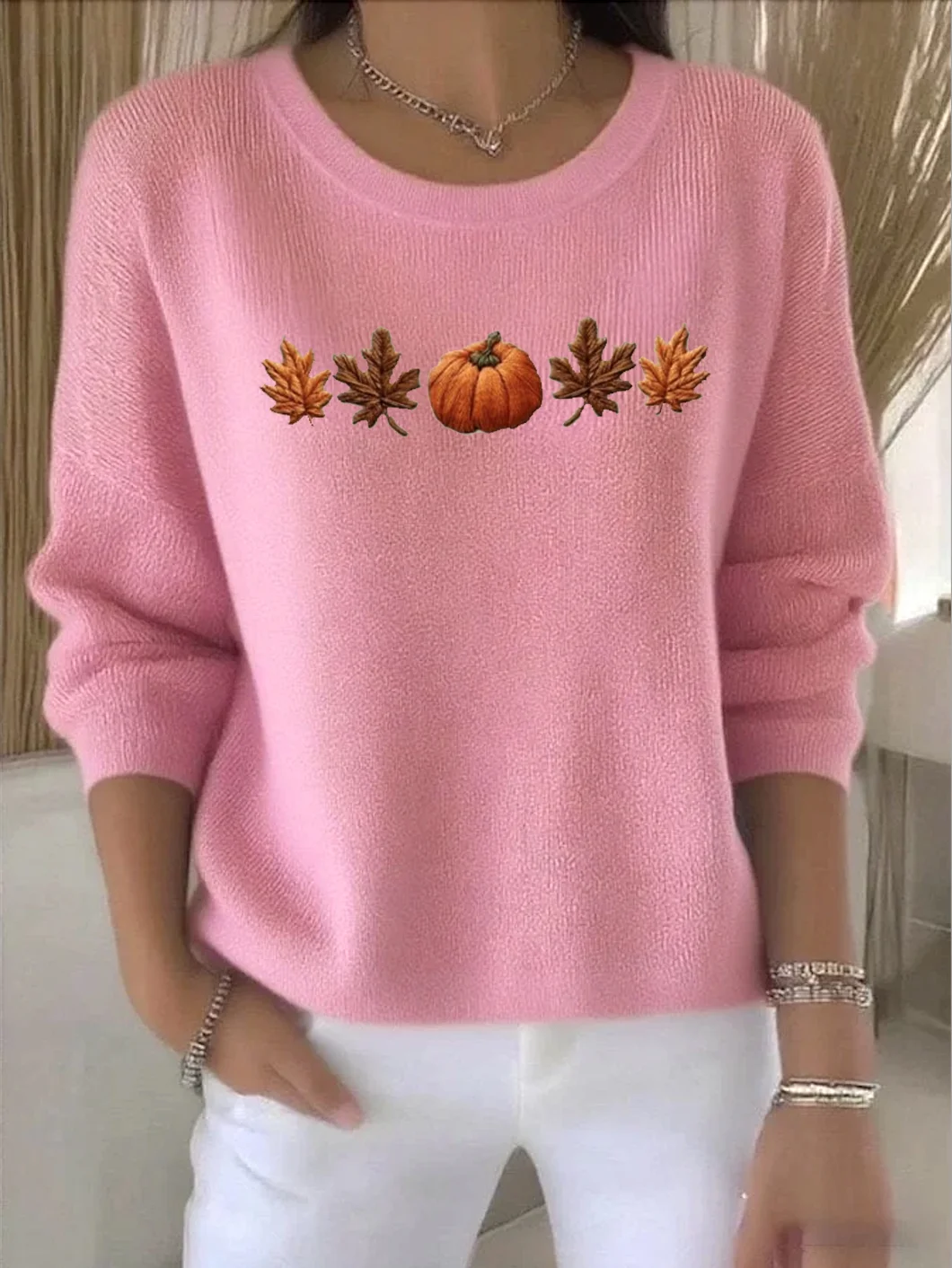 Women Cotton Plants Long Sleeve Comfy Vintage Sweater