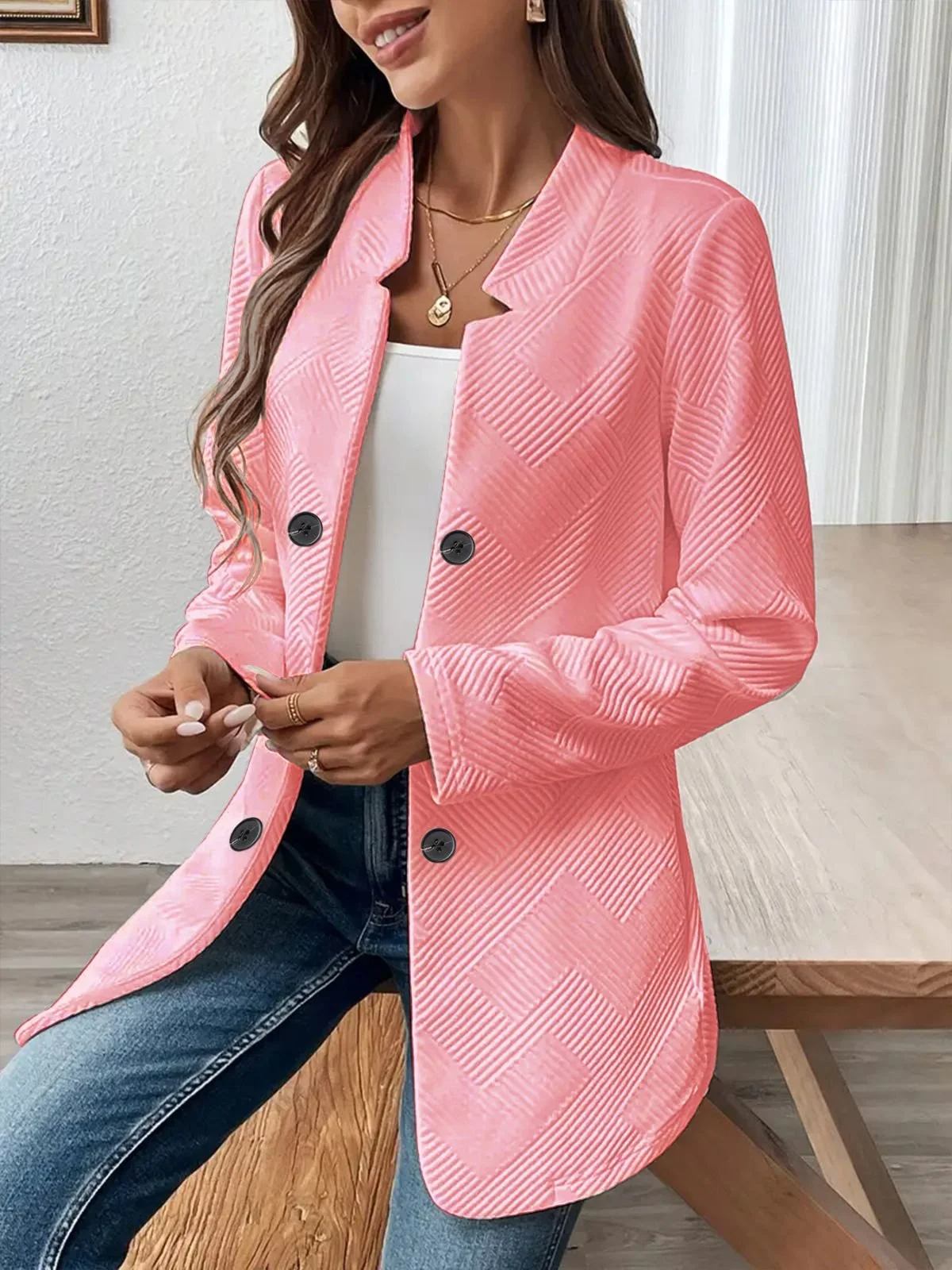 Women Plain Spring/Fall Outerwear Casual Long Sleeve Stand Collar Mid-long Blazer