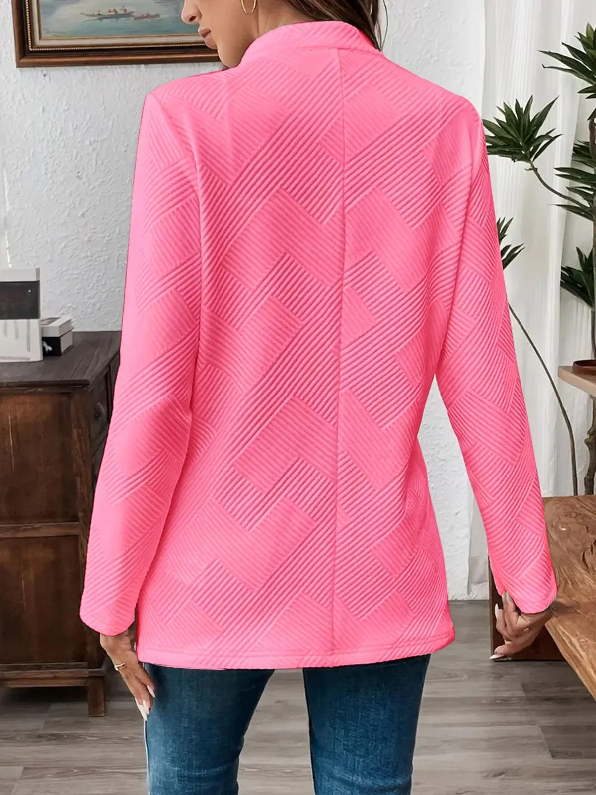 Women Plain Spring/Fall Outerwear Casual Long Sleeve Stand Collar Mid-long Blazer