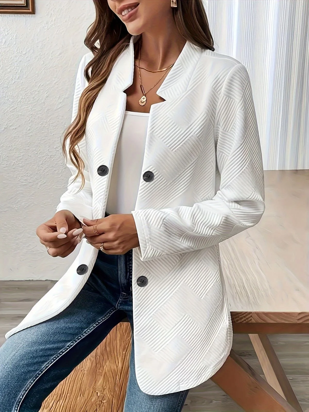 Women Plain Spring/Fall Outerwear Casual Long Sleeve Stand Collar Mid-long Blazer