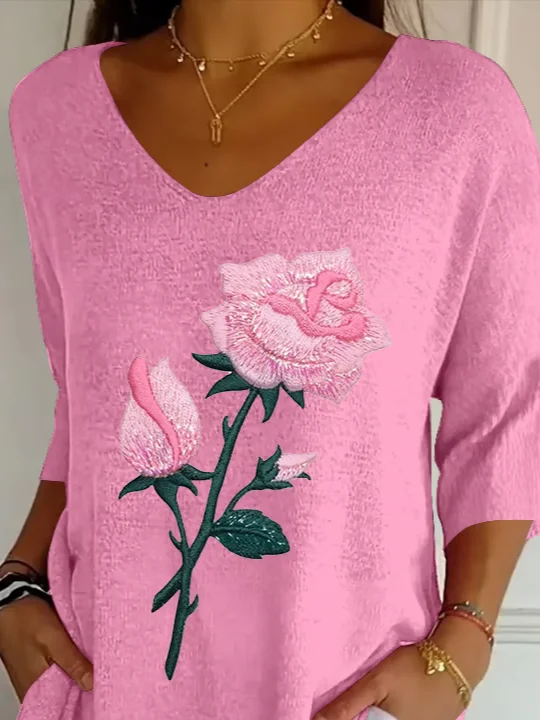 Casual Floral V Neck Three Quarter Sleeve T-shirt