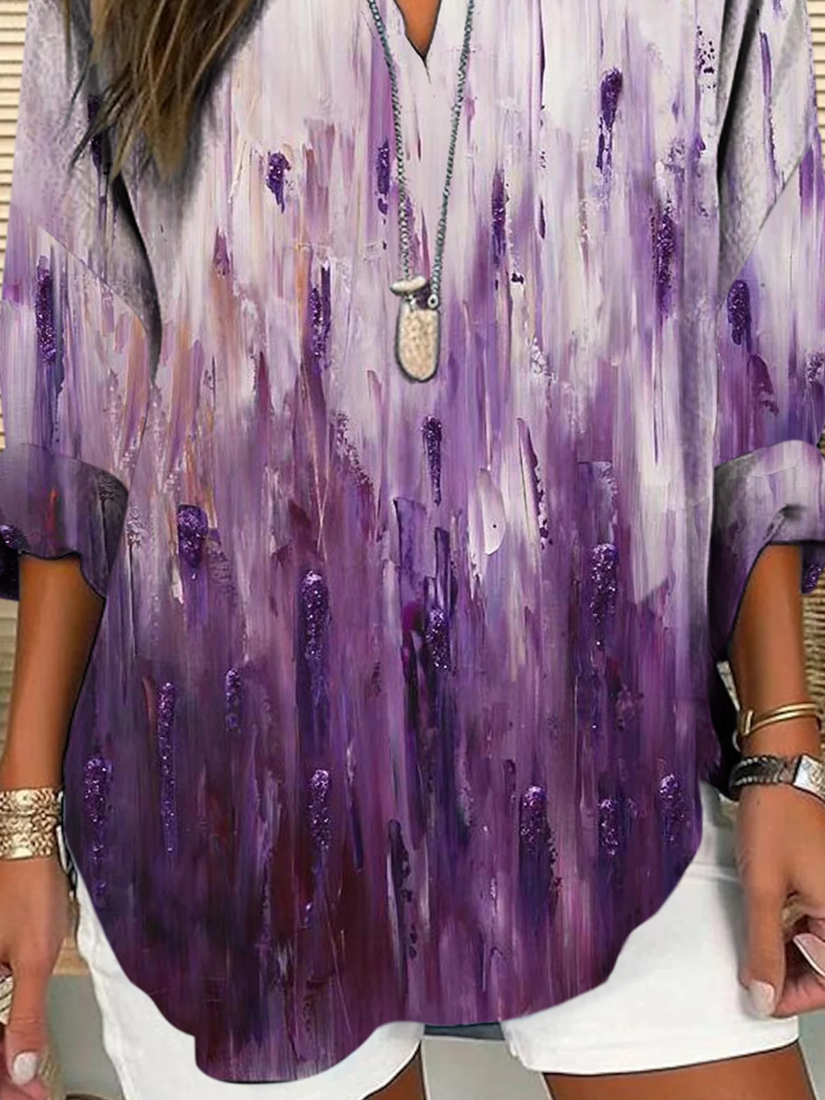 Shawl Collar Half Sleeve Striped Regular Loose Blouse For Women