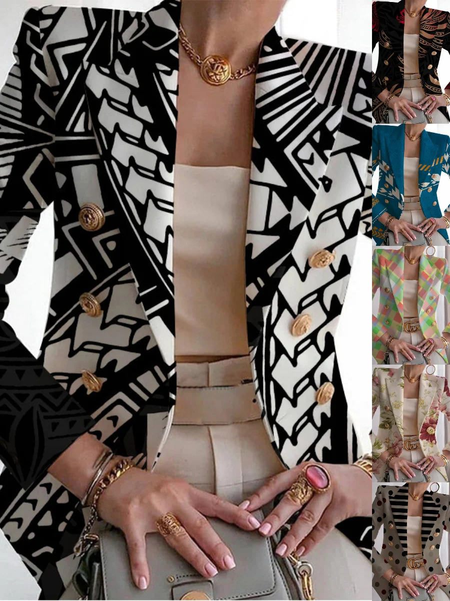 Women Geometric Spring/Fall Outerwear Vintage Printing Long Sleeve Regular Blazer