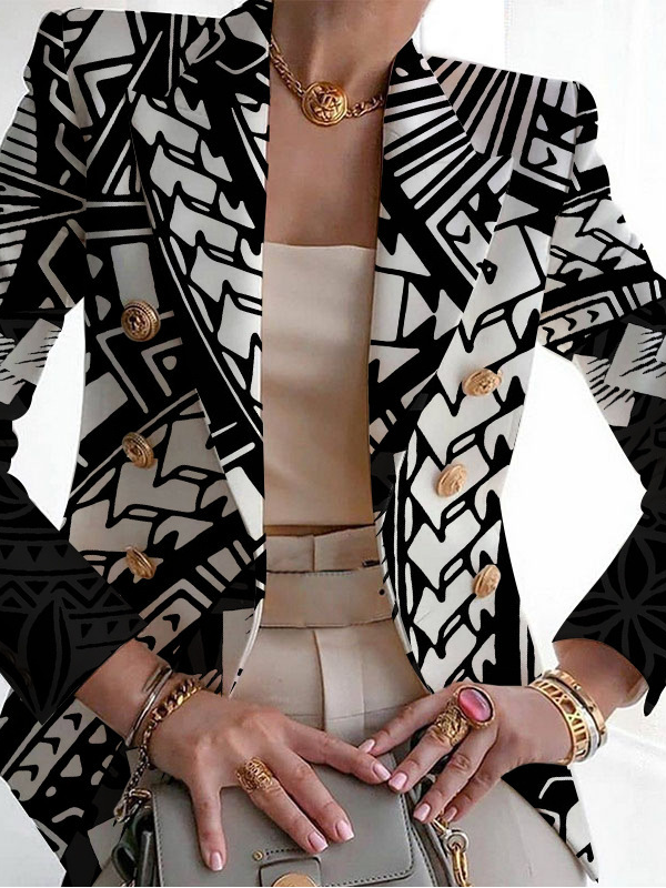 Women Geometric Spring/Fall Outerwear Vintage Printing Long Sleeve Regular Blazer