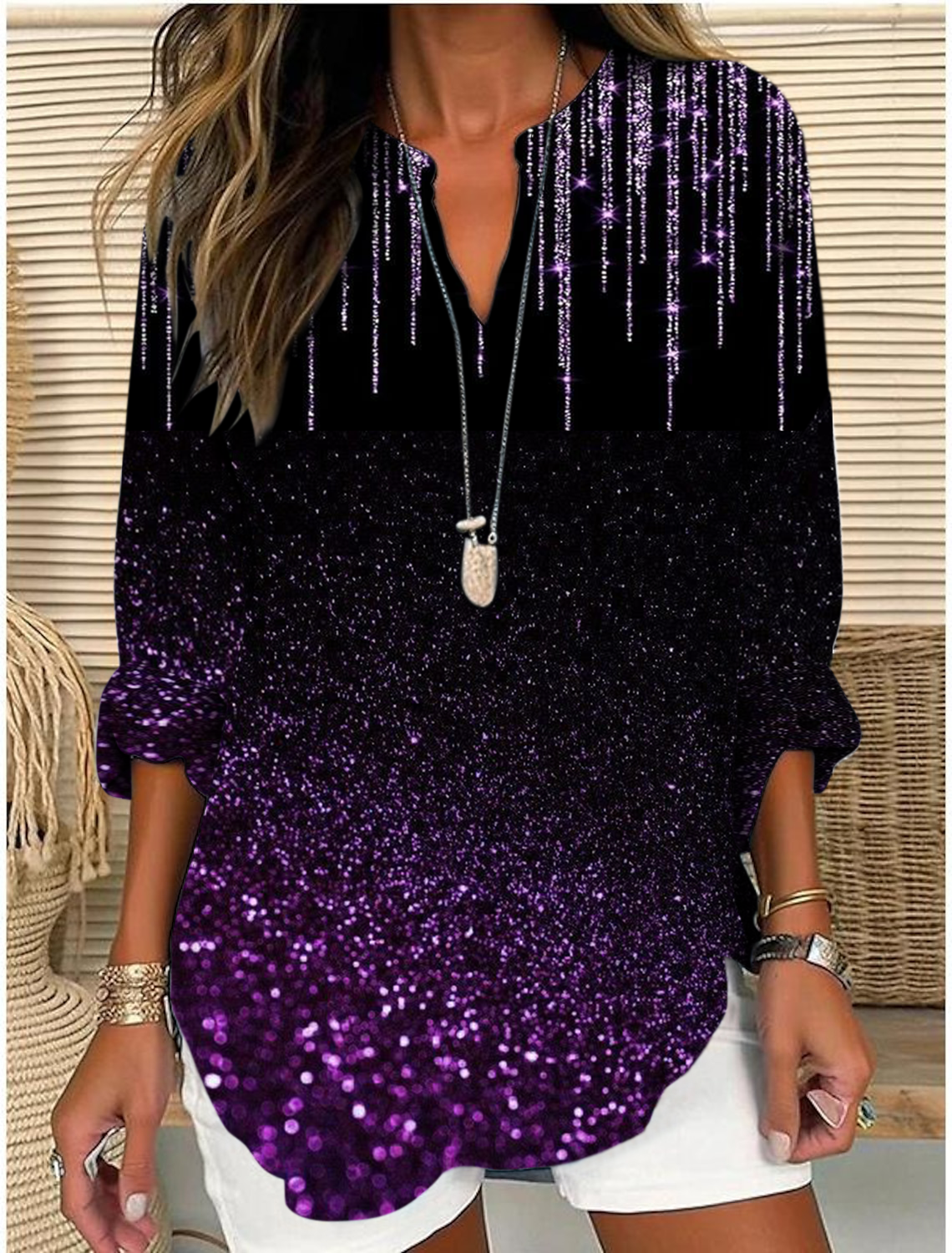 Shawl Collar Half Sleeve Striped Regular Loose Blouse For Women