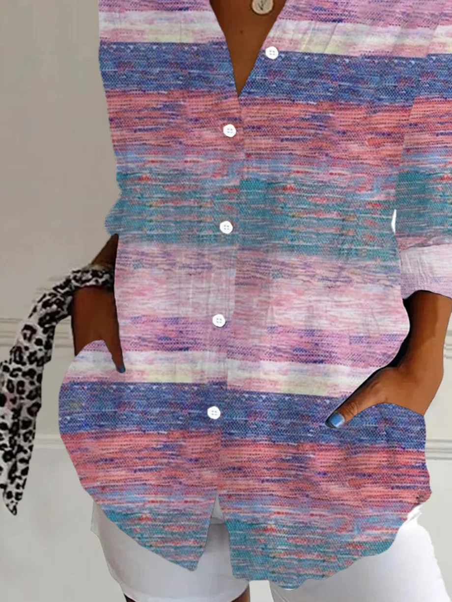 Shirt Collar Regular Sleeve Long Sleeve Abstract Stripes Buckle Regular Loose Button Up Shirt Shirt For Women