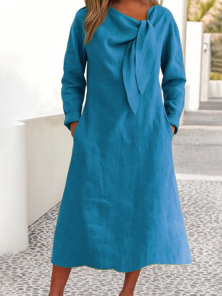 Women Plain Spring/Fall Dress V Neck Long Sleeve A-Line Dress