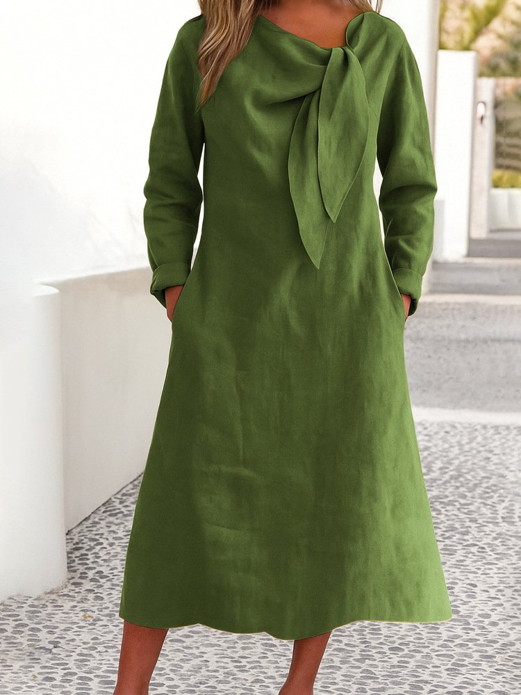 Women Plain Spring/Fall Dress V Neck Long Sleeve A-Line Dress