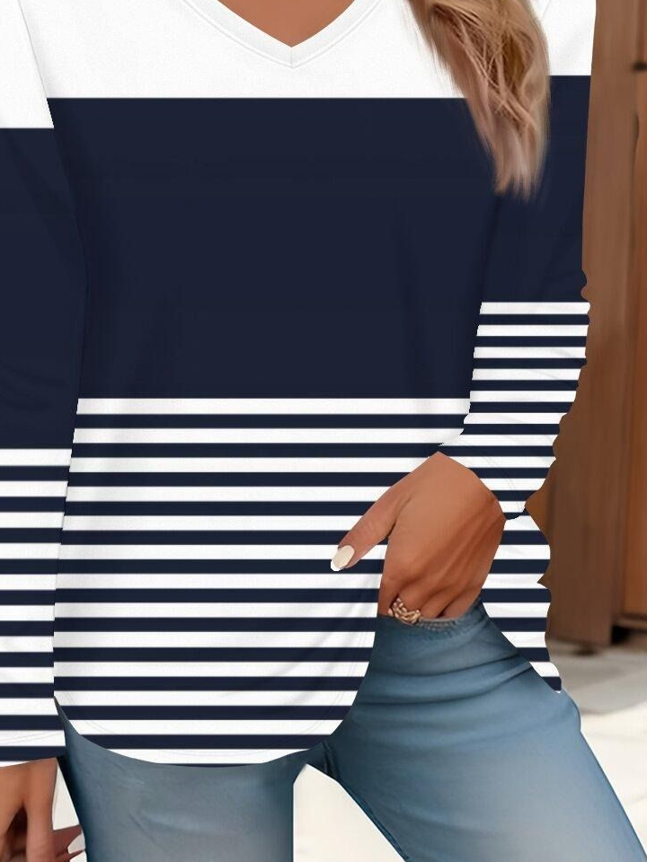 Casual Striped V Neck Long Sleeve T-shirt