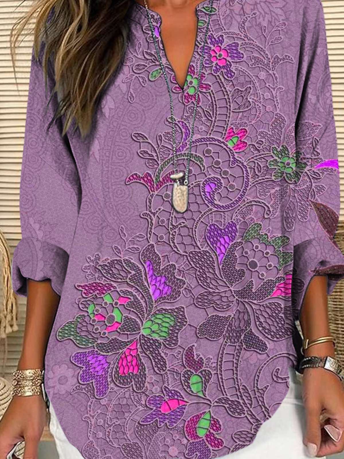 Shawl Collar Half Sleeve Floral Regular Loose Blouse For Women