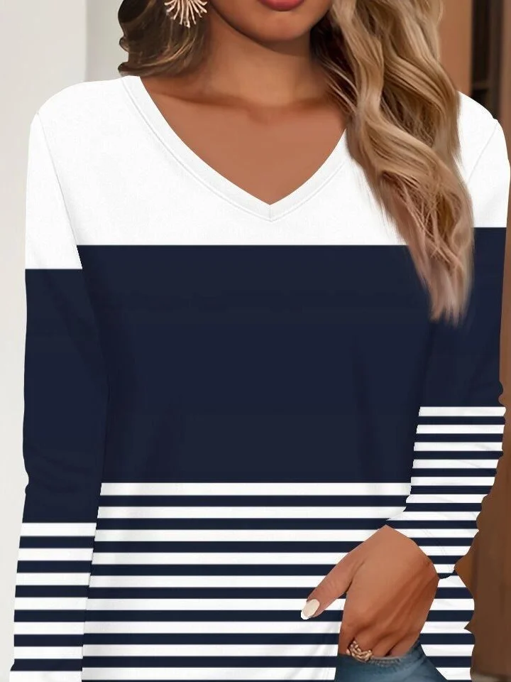 Casual Striped V Neck Long Sleeve T-shirt