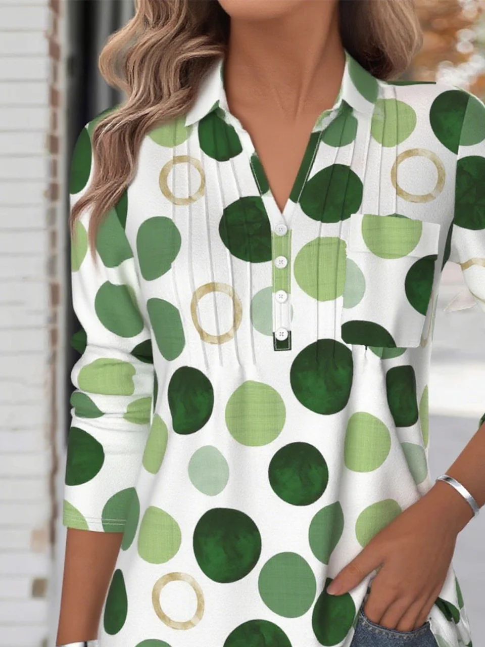 Shirt Collar Long Sleeve Geometric Regular Loose Shirt For Women