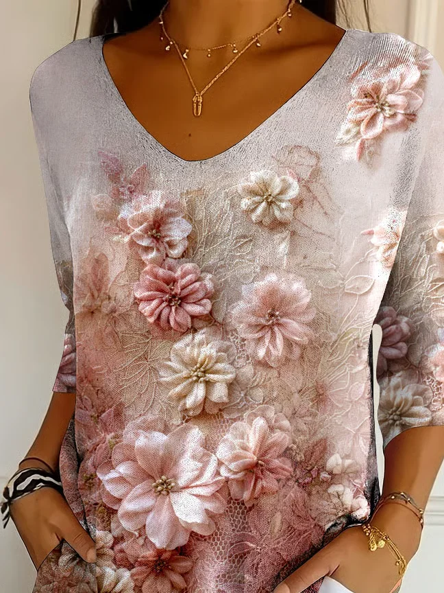 Casual Floral V Neck Three Quarter Sleeve T-shirt