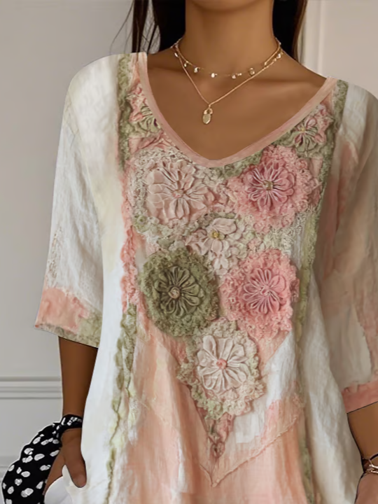 Casual Floral V Neck Three Quarter Sleeve T-shirt