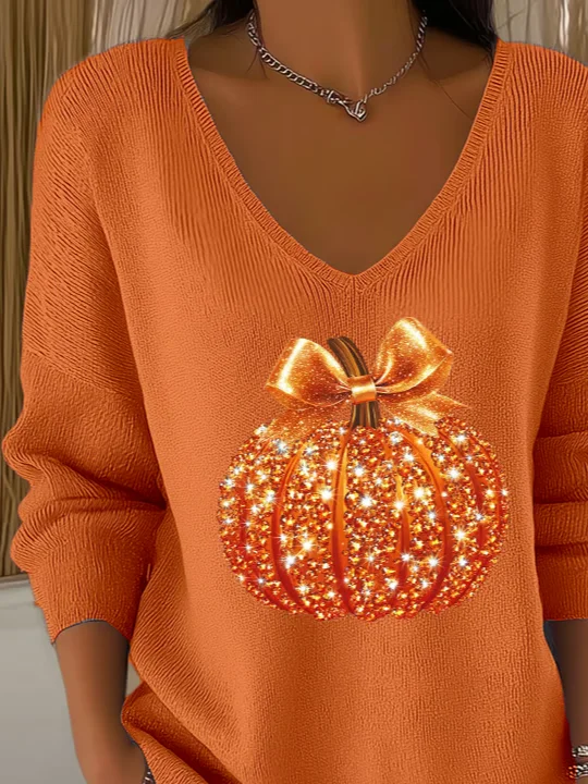 Casual Halloween Sequin Pumpkin Print V Neck Long Sleeve T-shirt