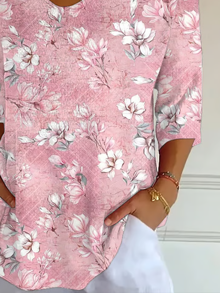 Casual Floral V Neck Three Quarter Sleeve T-shirt