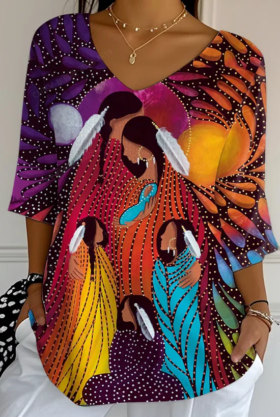 Casual Floral V Neck Three Quarter Sleeve T-shirt