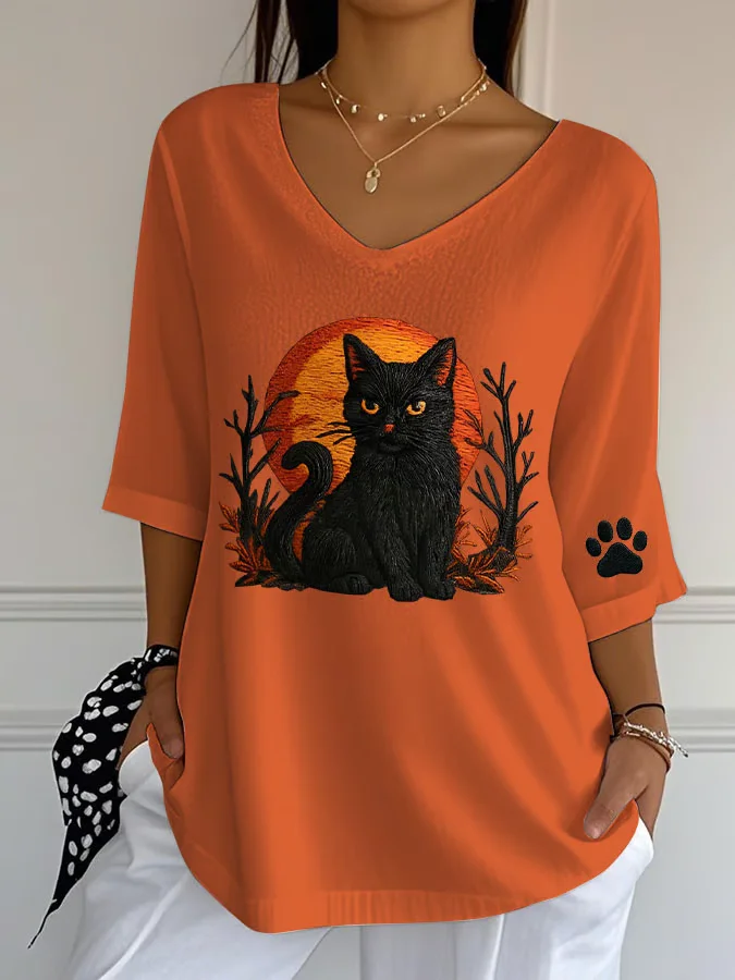Vintage Cat Crew Neck Three Quarter Sleeve T-shirt