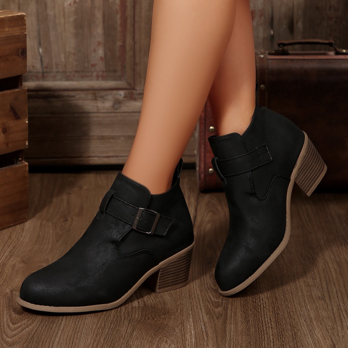 Vintage Plain Slip On Block Heel Classic Boots