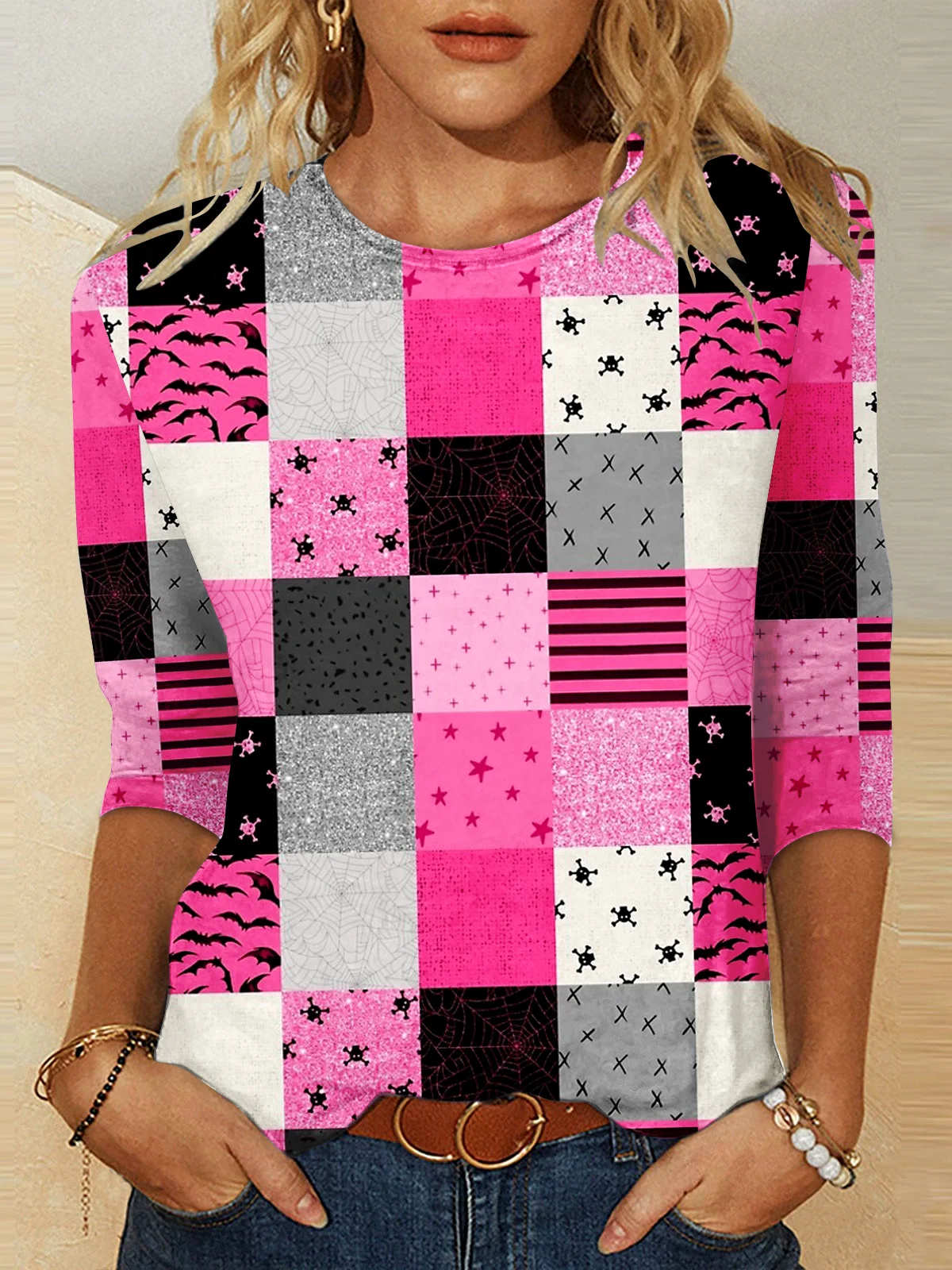 Vintage Geometric Crew Neck Long Sleeve T-shirt