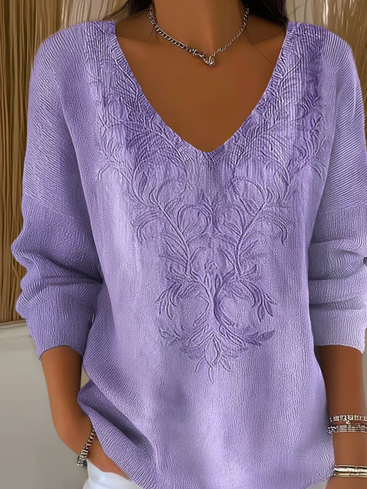 Women Cotton Geometric Long Sleeve Comfy Casual Sweater