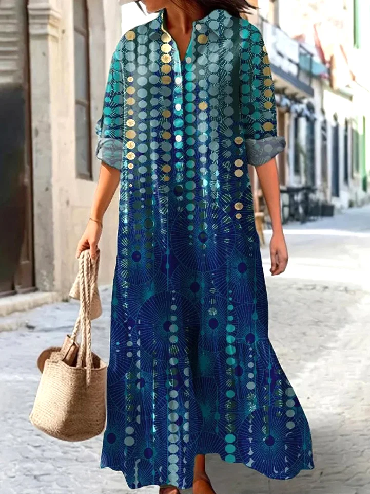 Women Geometric Spring/Fall Dress V Neck Long Sleeve Shirt Dress A-Line Dress