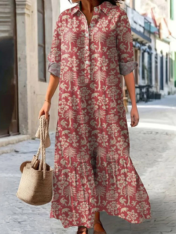 Women Floral Spring/Fall Dress V Neck Long Sleeve Shirt Dress A-Line Dress
