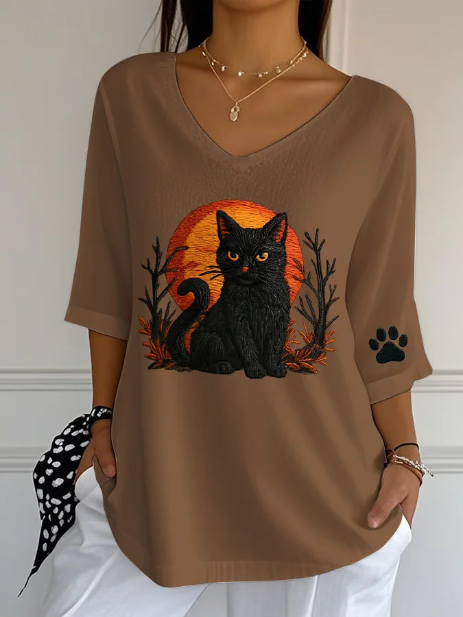 Vintage Cat Crew Neck Three Quarter Sleeve T-shirt