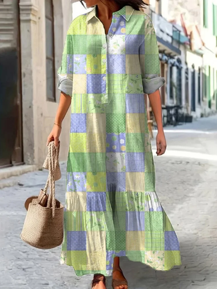 Women Floral Spring/Fall Dress V Neck Long Sleeve Shirt Dress A-Line Dress