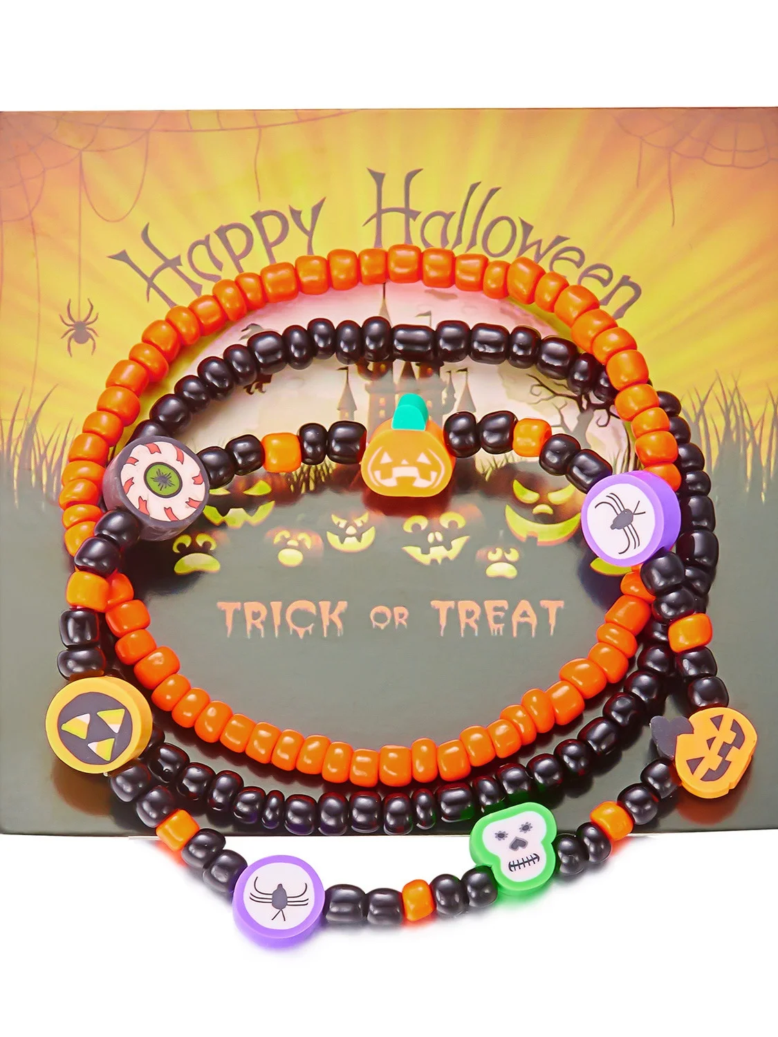 Halloween Bracelet Amazon Hot Sale Rice Bead Orange Pumpkin Skull Pendant Set Hand Jewelry