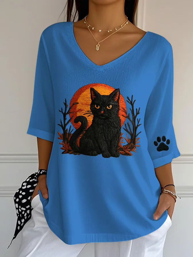 Vintage Cat Crew Neck Three Quarter Sleeve T-shirt