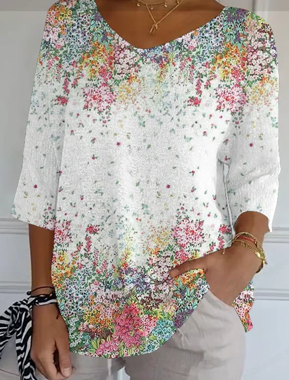 Casual Floral V Neck Three Quarter Sleeve T-shirt