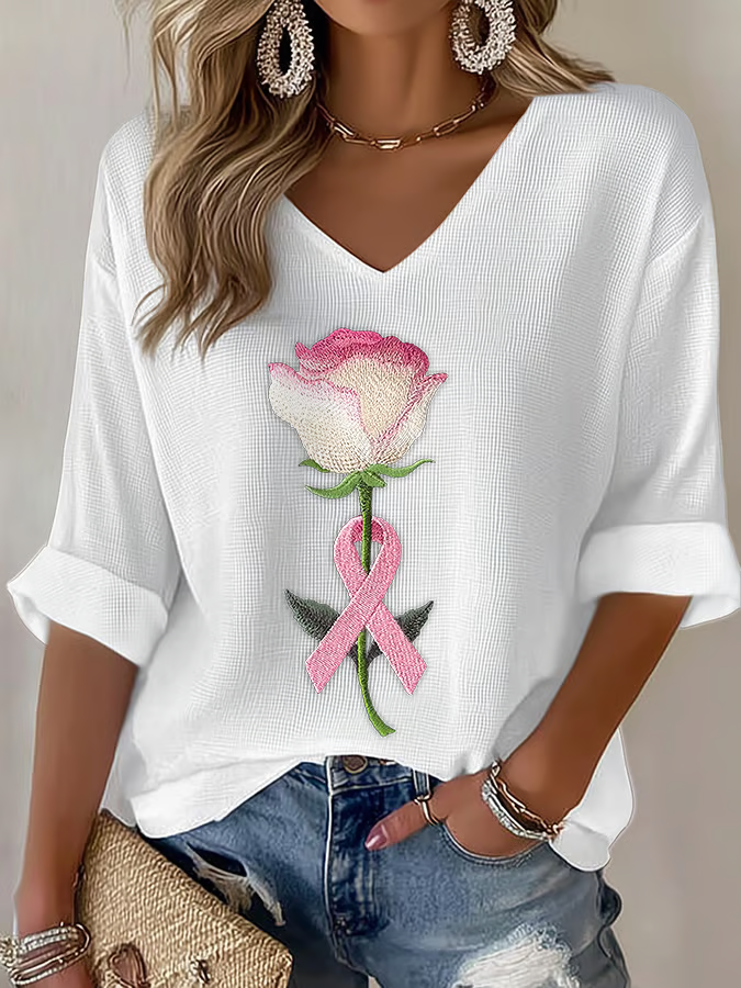 Casual Floral V Neck Three Quarter Sleeve T-shirt