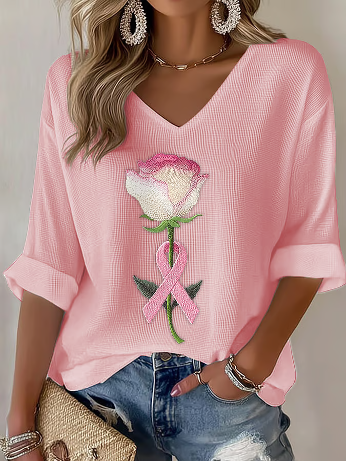 Casual Floral V Neck Three Quarter Sleeve T-shirt