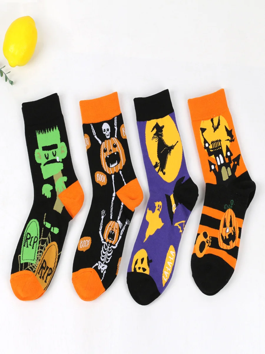 Halloween Plus Size Cotton Socks Autumn And Winter New Witch Pumpkin Castle Mid-tube Socks