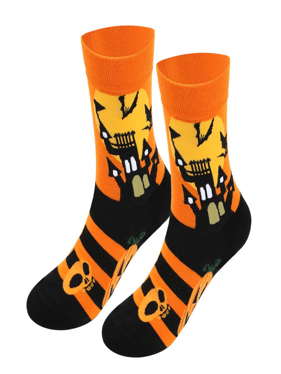 Halloween Plus Size Cotton Socks Autumn And Winter New Witch Pumpkin Castle Mid-tube Socks
