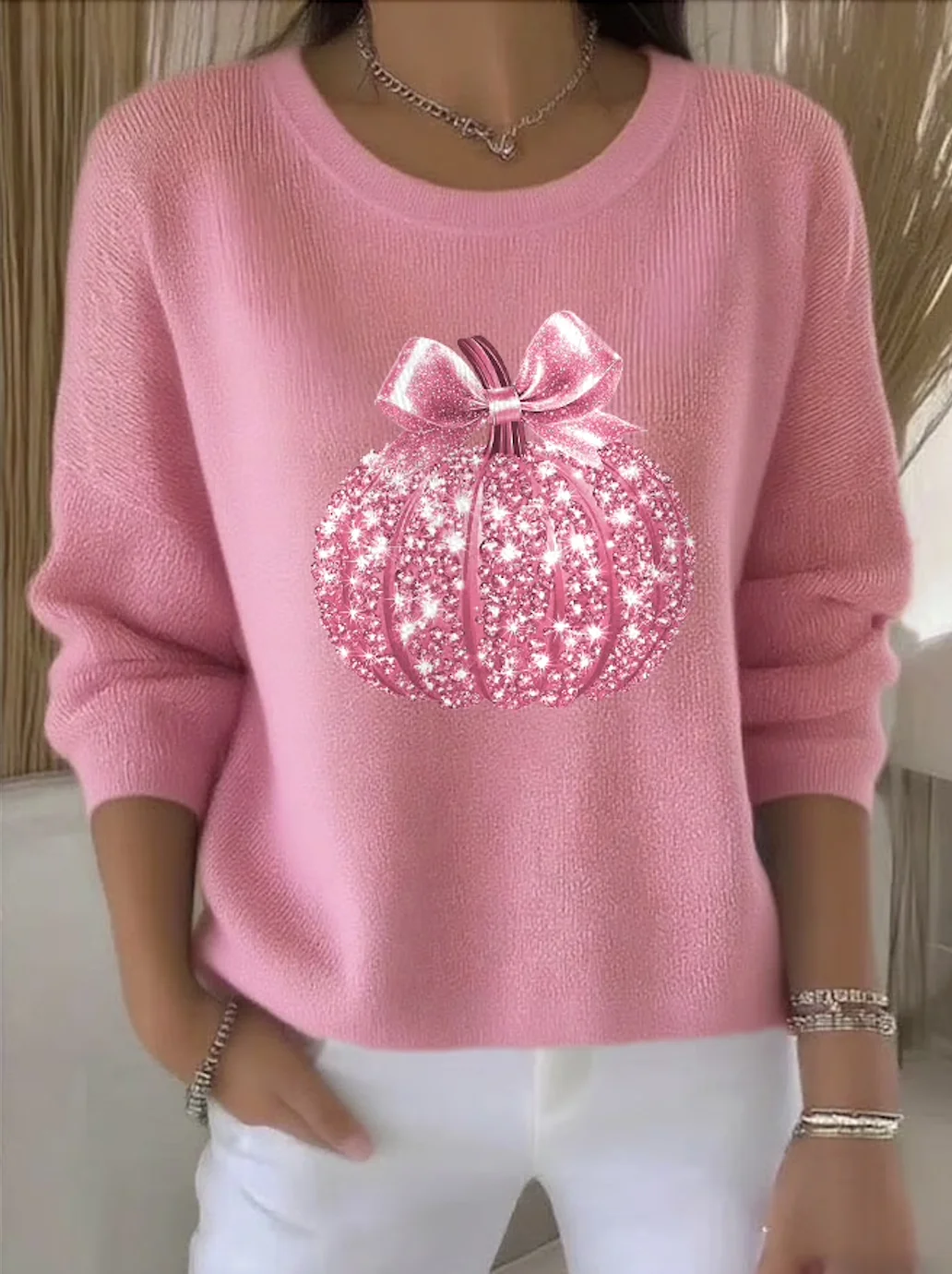 Women Cotton Plain Long Sleeve Comfy Vintage Sweater