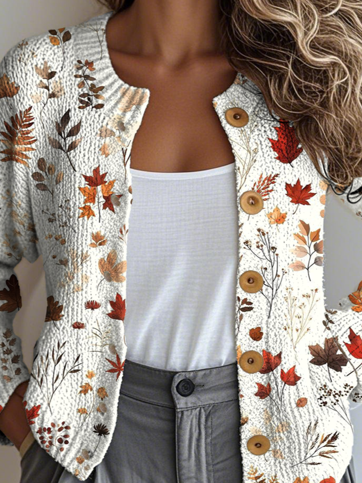 Women Knitted Maple Leaf Long Sleeve Comfy Vintage Cardigan