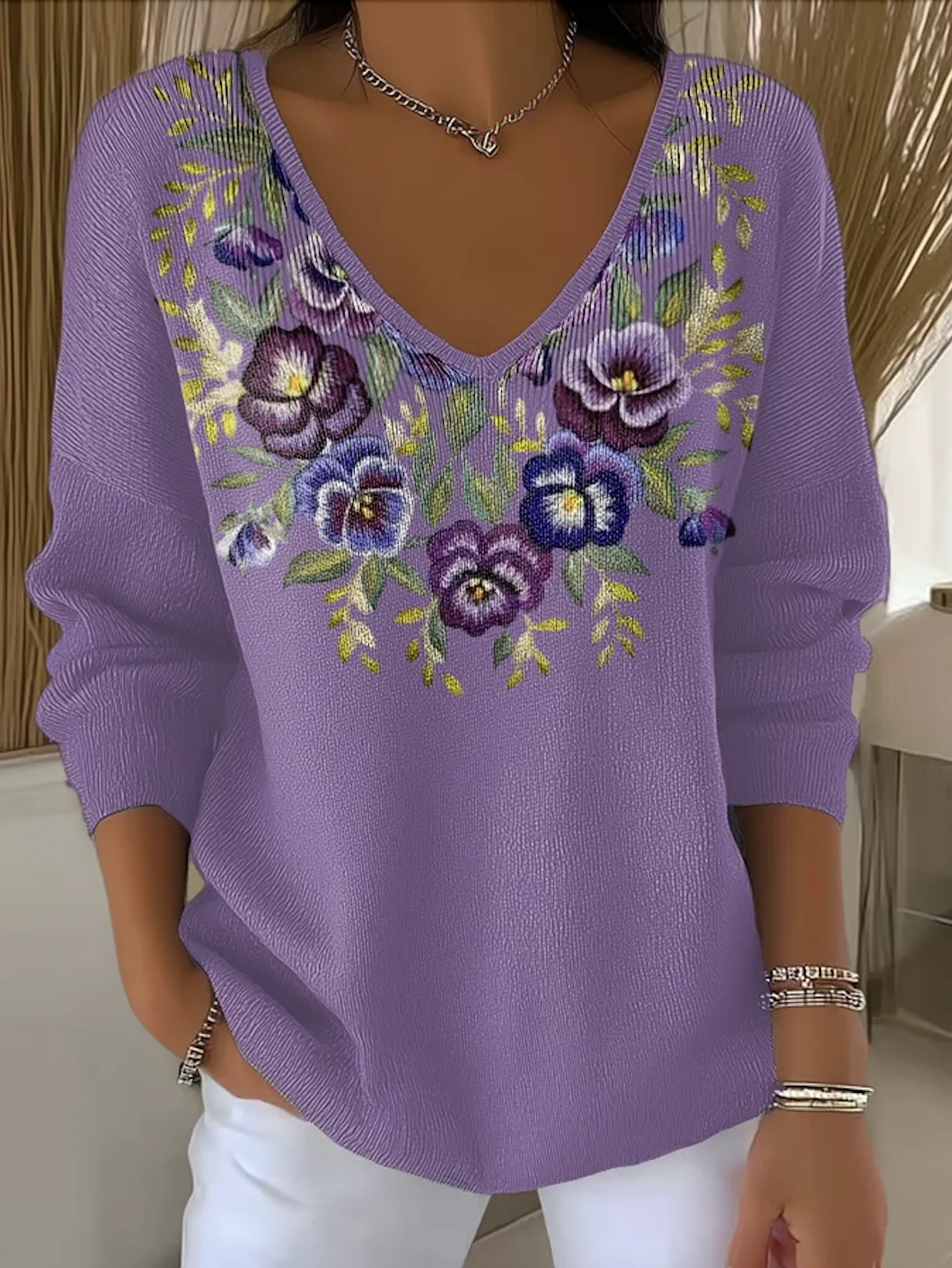Women Cotton Floral Long Sleeve Comfy Casual Sweater