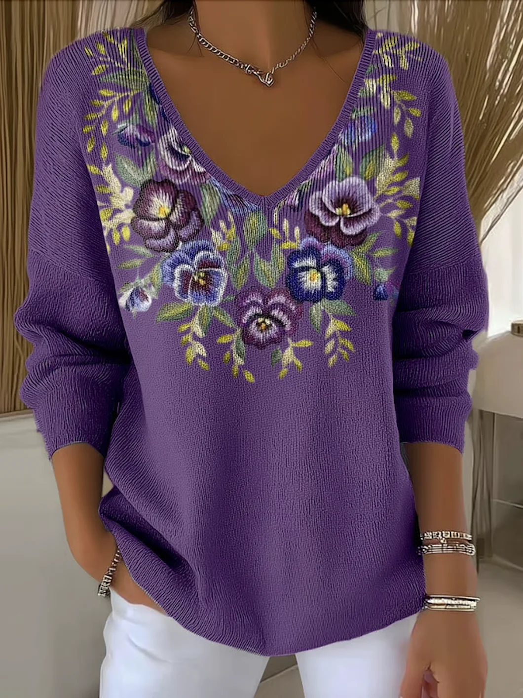 Women Cotton Floral Long Sleeve Comfy Casual Sweater