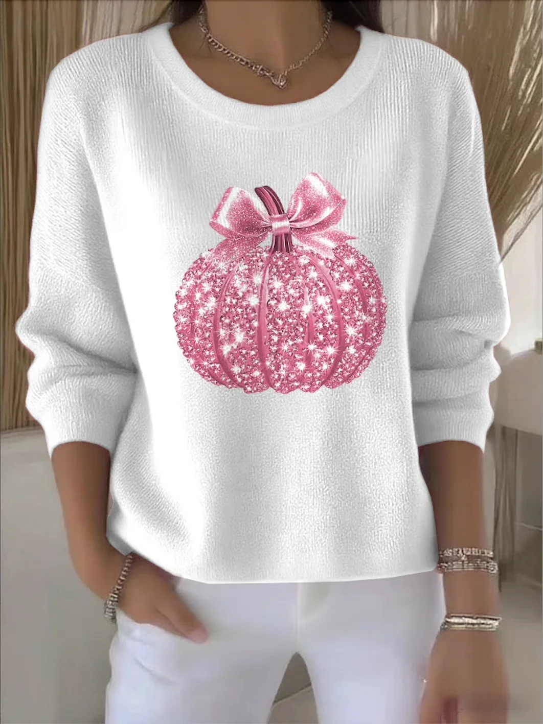 Women Cotton Plain Long Sleeve Comfy Vintage Sweater