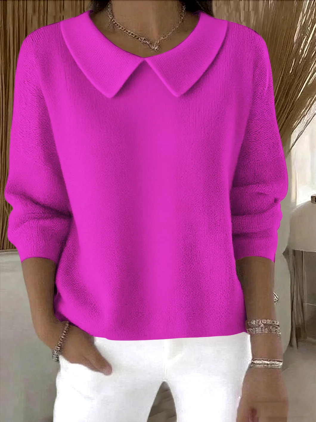 Women Cotton Plain Long Sleeve Comfy Casual Sweater