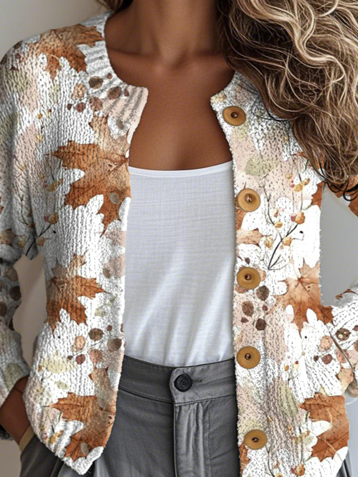 Women Knitted Maple Leaf Long Sleeve Comfy Vintage Cardigan