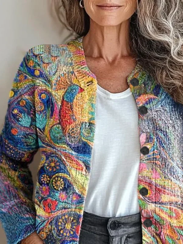 Women Abstract Long Sleeve Comfy Vintage Printing Cardigan