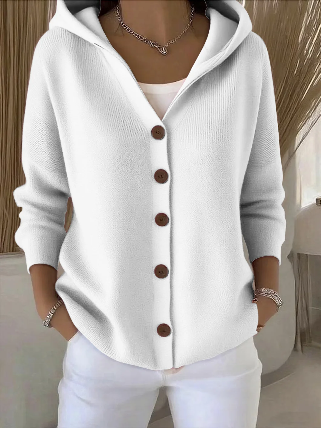 Women Cotton Plain Long Sleeve Comfy Casual Cardigan