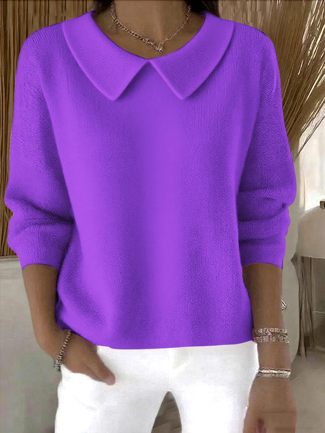 Women Cotton Plain Long Sleeve Comfy Casual Sweater