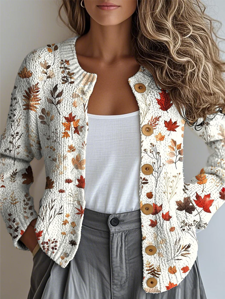 Women Knitted Maple Leaf Long Sleeve Comfy Vintage Cardigan