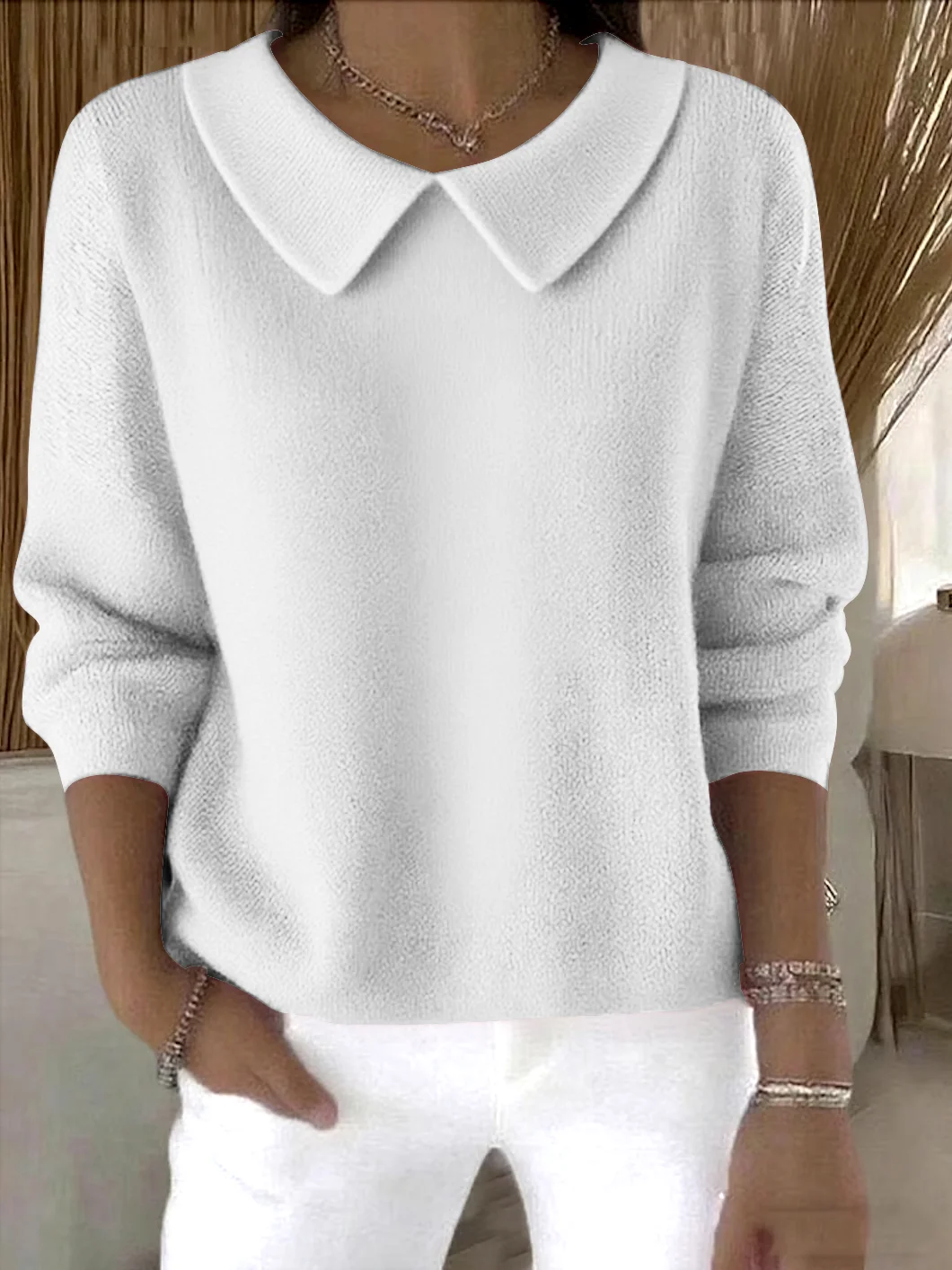 Women Cotton Plain Long Sleeve Comfy Casual Sweater
