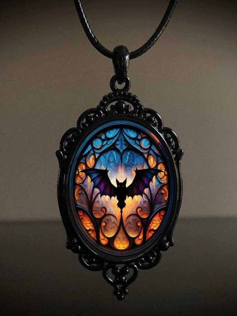 Vintage Gothic Halloween Bat Witch Pendant Necklace