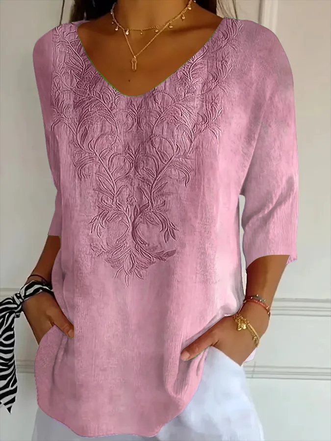 Casual Floral V Neck Three Quarter Sleeve T-shirt